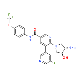 ChemSpider 2D Image | 2-[(3S,4S)-3-Amino-4-hydroxy-1-pyrrolidinyl]-N-{4-[chloro(difluoro)methoxy]phenyl}-5'-fluoro-3,3'-bipyridine-5-carboxamide | C22H19ClF3N5O3