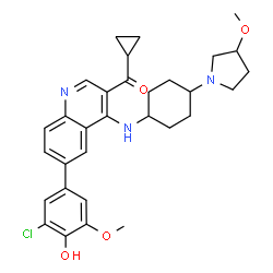 ChemSpider 2D Image | [6-(3-Chloro-4-hydroxy-5-methoxyphenyl)-4-{[4-(3-methoxy-1-pyrrolidinyl)cyclohexyl]amino}-3-quinolinyl](cyclopropyl)methanone | C31H36ClN3O4