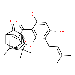 ChemSpider 2D Image | (15S)-6,8-Dihydroxy-17,17-dimethyl-5,15-bis(3-methyl-2-buten-1-yl)-3,16-dioxapentacyclo[11.4.1.0~2,11~.0~2,15~.0~4,9~]octadeca-4,6,8,11-tetraene-10,14-dione | C28H32O6