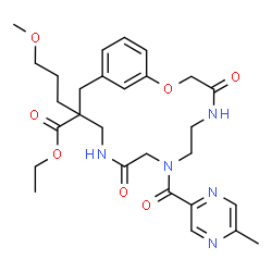 ChemSpider 2D Image | Ethyl 13-(3-methoxypropyl)-8-[(5-methyl-2-pyrazinyl)carbonyl]-4,10-dioxo-2-oxa-5,8,11-triazabicyclo[13.3.1]nonadeca-1(19),15,17-triene-13-carboxylate | C28H37N5O7