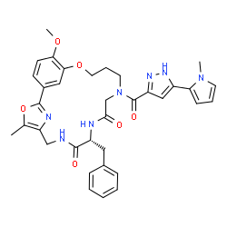 ChemSpider 2D Image | (9R)-9-Benzyl-19-methoxy-4-methyl-13-{[5-(1-methyl-1H-pyrrol-2-yl)-1H-pyrazol-3-yl]carbonyl}-3,17-dioxa-7,10,13,23-tetraazatricyclo[16.3.1.1~2,5~]tricosa-1(22),2(23),4,18,20-pentaene-8,11-dione | C35H37N7O6