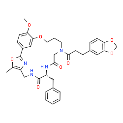 ChemSpider 2D Image | (9R)-13-[3-(1,3-Benzodioxol-5-yl)propanoyl]-9-benzyl-19-methoxy-4-methyl-3,17-dioxa-7,10,13,23-tetraazatricyclo[16.3.1.1~2,5~]tricosa-1(22),2(23),4,18,20-pentaene-8,11-dione | C36H38N4O8