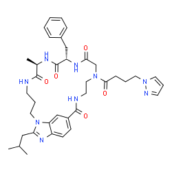 ChemSpider 2D Image | (7R,10S)-10-Benzyl-24-isobutyl-7-methyl-14-[4-(1H-pyrazol-1-yl)butanoyl]-1,5,8,11,14,17,23-heptaazatricyclo[17.5.2.0~22,25~]hexacosa-19,21,23,25-tetraene-6,9,12,18-tetrone | C38H49N9O5