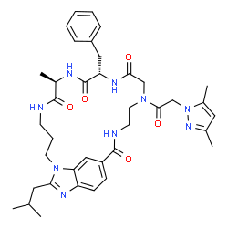 ChemSpider 2D Image | (7R,10S)-10-Benzyl-14-[(3,5-dimethyl-1H-pyrazol-1-yl)acetyl]-24-isobutyl-7-methyl-1,5,8,11,14,17,23-heptaazatricyclo[17.5.2.0~22,25~]hexacosa-19,21,23,25-tetraene-6,9,12,18-tetrone | C38H49N9O5