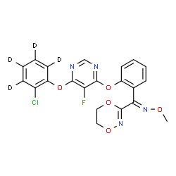 ChemSpider 2D Image | (E)-1-{2-[(6-{[2-Chloro(~2~H_4_)phenyl]oxy}-5-fluoro-4-pyrimidinyl)oxy]phenyl}-1-(5,6-dihydro-1,4,2-dioxazin-3-yl)-N-methoxymethanimine | C21H12D4ClFN4O5
