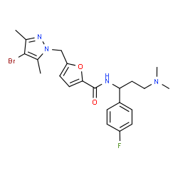 ChemSpider 2D Image | 5-[(4-Bromo-3,5-dimethyl-1H-pyrazol-1-yl)methyl]-N-[3-(dimethylamino)-1-(4-fluorophenyl)propyl]-2-furamide | C22H26BrFN4O2