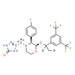 ChemSpider 2D Image | 5-{[(2R,3S)-2-({1-[3,5-Bis(trifluoromethyl)phenyl](1,2-~2~H_2_)ethyl}oxy)-3-(4-fluorophenyl)-4-morpholinyl](~13~C)methyl}(5-~13~C)-2,4-dihydro-3H-1,2,4-triazol-3-one | C2113C2H19D2F7N4O3