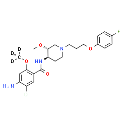 ChemSpider 2D Image | 4-Amino-5-chloro-N-{(3R,4R)-1-[3-(4-fluorophenoxy)propyl]-3-methoxy-4-piperidinyl}-2-[(~13~C,~2~H_3_)methyloxy]benzamide | C2213CH26D3ClFN3O4