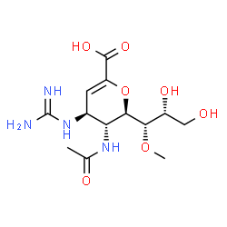 ChemSpider 2D Image | (6R)-5-Acetamido-2,6-anhydro-4-carbamimidamido-3,4,5-trideoxy-6-[(1S,2R)-2,3-dihydroxy-1-methoxypropyl]-L-threo-hex-2-enonic acid | C13H22N4O7
