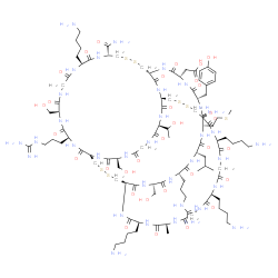 ChemSpider 2D Image | {(1R,4S,7S,13S,16R,21R,24S,27S,30S,33S,36S,39S,42R,45S,48S,54S,60S,63R,68R,71S,77S)-63-Amino-13,45,54,60-tetrakis(4-aminobutyl)-4,36-bis(3-carbamimidamidopropyl)-16-carbamoyl-27-(4-hydroxybenzyl)-71-[
(1R)-1-hydroxyethyl]-7,39,77-tris(hydroxymethyl)-33-isobutyl-48-methyl-30-[2-(methylsulfanyl)ethyl]-2,5,8,11,14,23,26,29,32,35,38,41,44,47,50,53,56,59,62,69,72,75,78,85-tetracosaoxo-18,19,65,66,81,82-
hexathia-3,6,9,12,15,22,25,28,31,34,37,40,43,46,49,52,55,58,61,70,73,76,79,84-tetracosaazatricyclo[40.37.4.2~21,68~]pentaoctacont-24-yl}acetic acid | C102H172N36O32S7