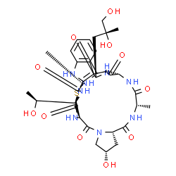 ChemSpider 2D Image | (1S,14R,18S,20S,23S,28S,31S,34R)-28-[(2R)-2,3-Dihydroxy-2-methylpropyl]-18-hydroxy-34-[(1S)-1-hydroxyethyl]-23,31-dimethyl-12-thia-10,16,22,25,27,30,33,36-octaazapentacyclo[12.11.11.0~3,11~.0~4,9~.0~1
6,20~]hexatriaconta-3(11),4,6,8-tetraene-15,21,24,26,29,32,35-heptone | C35H48N8O11S