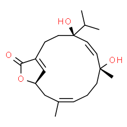 ChemSpider 2D Image | (4S,5Z,7R,10Z,13R)-4,7-Dihydroxy-4-isopropyl-7,11-dimethyl-14-oxabicyclo[11.2.1]hexadeca-1(16),5,10-trien-15-one | C20H30O4