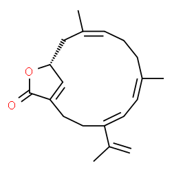 ChemSpider 2D Image | (4E,6Z,10Z,13R)-4-Isopropenyl-7,11-dimethyl-14-oxabicyclo[11.2.1]hexadeca-1(16),4,6,10-tetraen-15-one | C20H26O2