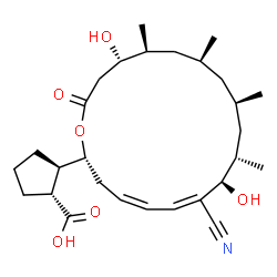 ChemSpider 2D Image | (1R,2R)-2-[(2R,4Z,6Z,8R,9S,11R,13S,15S,16S)-7-Cyano-8,16-dihydroxy-9,11,13,15-tetramethyl-18-oxooxacyclooctadeca-4,6-dien-2-yl]cyclopentanecarboxylic acid | C28H43NO6