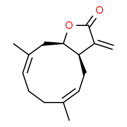 ChemSpider 2D Image | (3aR,5Z,9Z,11aR)-6,10-Dimethyl-3-methylene-3a,4,7,8,11,11a-hexahydrocyclodeca[b]furan-2(3H)-one | C15H20O2