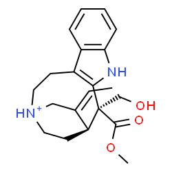 ChemSpider 2D Image | (1S,2S,16E)-16-Ethylidene-2-(hydroxymethyl)-2-(methoxycarbonyl)-4-aza-14-azoniatetracyclo[12.2.2.0~3,11~.0~5,10~]octadeca-3(11),5,7,9-tetraene | C21H27N2O3