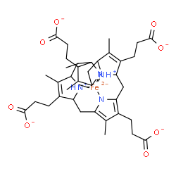 ChemSpider 2D Image | [3,3',3'',3'''-(3,8,13,17-Tetramethyl-5,6,9,10,15,16,19,20,22,24-decahydroporphyrin-2,7,12,18-tetrayl-kappa~4~N~21~,N~22~,N~23~,N~24~)tetrapropanoato(6-)]ferrate(4-) | C36H42FeN4O8