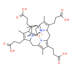 ChemSpider 2D Image | [3,3',3'',3'''-(3,8,13,17-Tetramethyl-5,6,9,10,15,16,19,20,22,24-decahydroporphyrin-2,7,12,18-tetrayl-kappa~4~N~21~,N~22~,N~23~,N~24~)tetrapropanoato(2-)]iron | C36H46FeN4O8