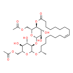 ChemSpider 2D Image | [(1S,3R,4S,5S,6R,10S,17Z,28S,29R,31R,32R)-4,5,31,32-Tetrahydroxy-10-methyl-26-oxo-2,7,9,27,30-pentaoxatricyclo[26.2.2.0~3,8~]dotriacont-17-ene-6,29-diyl]bis(methylene) diacetate (non-preferred name) | C34H56O14