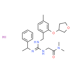 ChemSpider 2D Image | N,N-Dimethyl-N~2~-{N-[4-methyl-2-(tetrahydro-3-furanyloxy)benzyl]-N'-(1-phenylethyl)carbamimidoyl}glycinamide hydroiodide (1:1) | C25H35IN4O3