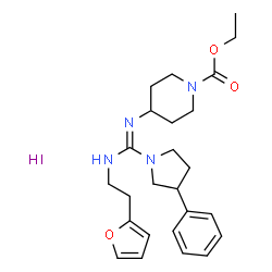 ChemSpider 2D Image | Ethyl 4-{(Z)-[{[2-(2-furyl)ethyl]amino}(3-phenyl-1-pyrrolidinyl)methylene]amino}-1-piperidinecarboxylate hydroiodide (1:1) | C25H35IN4O3