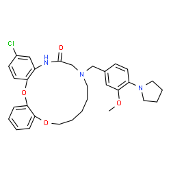 ChemSpider 2D Image | 3-Chloro-8-[3-methoxy-4-(1-pyrrolidinyl)benzyl]-8,9,10,11,12,13-hexahydro-5H-dibenzo[b,e][1,4,7,10]dioxadiazacyclopentadecin-6(7H)-one | C31H36ClN3O4