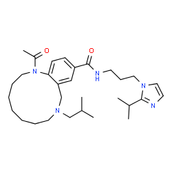 ChemSpider 2D Image | 1-Acetyl-9-isobutyl-N-[3-(2-isopropyl-1H-imidazol-1-yl)propyl]-1,2,3,4,5,6,7,8,9,10-decahydro-1,9-benzodiazacyclododecine-12-carboxamide | C30H47N5O2