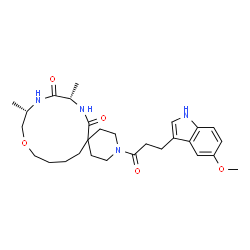 ChemSpider 2D Image | (9S,12S)-3-[3-(5-Methoxy-1H-indol-3-yl)propanoyl]-9,12-dimethyl-14-oxa-3,8,11-triazaspiro[5.12]octadecane-7,10-dione | C28H40N4O5