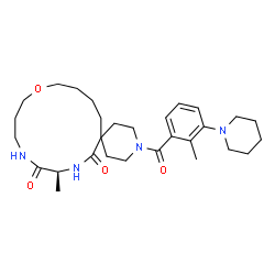 ChemSpider 2D Image | (9S)-9-Methyl-3-[2-methyl-3-(1-piperidinyl)benzoyl]-15-oxa-3,8,11-triazaspiro[5.13]nonadecane-7,10-dione | C29H44N4O4