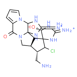 ChemSpider 2D Image | (5'S,10aS,11S)-11-(Aminomethyl)-12-chloro-5'-hydroxy-8-oxo-3,3a,10a,11,12,13a-hexahydro-2'H,8H,10H-spiro[cyclopenta[3,4]pyrrolo[1,2-a]imidazo[4,5-b]pyrrolo[1,2-d]pyrazine-13,4'-imidazolidine]-2,2'(1H)
-diiminium | C17H24ClN9O2