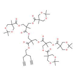 ChemSpider 2D Image | 2-Methyl-3-[2-methyl-2-({[2-methyl-3-{[(2,2,5-trimethyl-1,3-dioxan-5-yl)carbonyl]oxy}-2-({[(2,2,5-trimethyl-1,3-dioxan-5-yl)carbonyl]oxy}methyl)propanoyl]oxy}methyl)-3-oxo-3-{[2-(2-propyn-1-yl)-4-pent
yn-1-yl]oxy}propoxy]-3-oxo-2-({[(2,2,5-trimethyl-1,3-dioxan-5-yl)carbonyl]oxy}methyl)propyl 2,2,5-trimethyl-1,3-dioxane-5-carboxylate | C55H82O22