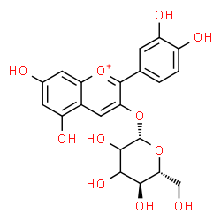 ChemSpider 2D Image | 2-(3,4-Dihydroxyphenyl)-5,7-dihydroxy-3-chromeniumyl beta-D-erythro-hexopyranoside | C21H21O11