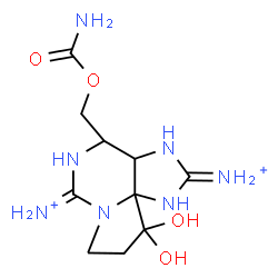 ChemSpider 2D Image | 4-[(Carbamoyloxy)methyl]-10,10-dihydroxyhexahydro-1H,8H-pyrrolo[1,2-c]purine-2,6-diiminiumato | C10H19N7O4