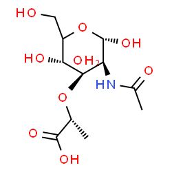 ChemSpider 2D Image | (5xi)-2-Acetamido-3-O-[(1R)-1-carboxyethyl]-2-deoxy-alpha-D-lyxo-hexopyranose hydrate (1:1) | C11H21NO9