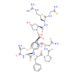 ChemSpider 2D Image | (4R)-1-{[(3S,6R,11R,14S,17S,22aS)-11-Amino-3-(2-amino-2-oxoethyl)-17-benzyl-14-(4-hydroxybenzyl)-1,4,12,15,18-pentaoxooctadecahydro-1H,10H-pyrrolo[2,1-j][1,2,5,8,11,14,17]dithiapentaazacycloicosin-6-y
l]carbonyl}-4-hydroxy-L-prolyl-L-arginylglycinamide | C46H64N14O12S2