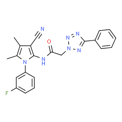 ChemSpider 2D Image | N-[3-Cyano-1-(3-fluorophenyl)-4,5-dimethyl-1H-pyrrol-2-yl]-2-(5-phenyl-2H-tetrazol-2-yl)acetamide | C22H18FN7O