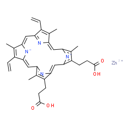 ChemSpider 2D Image | Zinc 2,18-bis(2-carboxyethyl)-3,7,12,17-tetramethyl-8,13-divinylporphine-21,23-diide | C34H32N4O4Zn