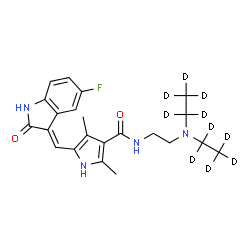ChemSpider 2D Image | N-(2-{Bis[(~2~H_5_)ethyl]amino}ethyl)-5-[(E)-(5-fluoro-2-oxo-1,2-dihydro-3H-indol-3-ylidene)methyl]-2,4-dimethyl-1H-pyrrole-3-carboxamide | C22H17D10FN4O2