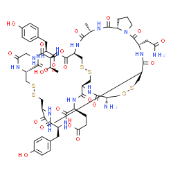 ChemSpider 2D Image | N-({(1R,4S,7S,13S,16S,21R,24S,27S,30S,33S,38R,44S)-21-Amino-13-(2-amino-2-oxoethyl)-27-(2-carboxyethyl)-30-(4-hydroxybenzyl)-44-[(1R)-1-hydroxyethyl]-4-methyl-3,6,12,15,22,25,28,31,40,43,46,51-dodecao
xo-18,19,35,36,48,49-hexathia-2,5,11,14,23,26,29,32,39,42,45,52-dodecaazatetracyclo[22.22.4.2~16,33~.0~7,11~]dopentacont-38-yl}carbonyl)-L-tyrosine | C59H79N15O21S6
