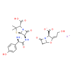 ChemSpider 2D Image | Potassium (2R,3E,5R)-3-(2-hydroxyethylidene)-7-oxo-4-oxa-1-azabicyclo[3.2.0]heptane-2-carboxylate - (2S,5R,6R)-6-{[(2R)-2-amino-2-(4-hydroxyphenyl)acetyl]amino}-3,3-dimethyl-7-oxo-4-thia-1-azabicyclo[
3.2.0]heptane-2-carboxylic acid (1:1:1) | C24H27KN4O10S