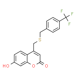 ChemSpider 2D Image | 7-Hydroxy-4-({[4-(trifluoromethyl)benzyl]sulfanyl}methyl)-2H-chromen-2-one | C18H13F3O3S