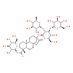 ChemSpider 2D Image | 1-O-[(5beta,8alpha,9beta,10alpha,13alpha)-13-{[6-Deoxy-beta-D-glucopyranosyl-(1->2)-[beta-D-glucopyranosyl-(1->3)]-beta-D-glucopyranosyl]oxy}-18-oxokaur-16-en-18-yl]-beta-D-glucopyranose | C44H70O22