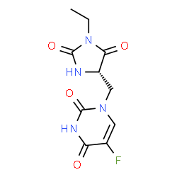 ChemSpider 2D Image | 1-{[(4S)-1-Ethyl-2,5-dioxo-4-imidazolidinyl]methyl}-5-fluoro-2,4(1H,3H)-pyrimidinedione | C10H11FN4O4