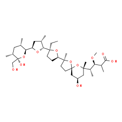 ChemSpider 2D Image | (3R,4S)-4-[(2S,5R,7S,9R)-2-{(2S,2'R,3'S,5R,5'R)-2-Ethyl-5'-[(2S,3S,5R,6R)-6-hydroxy-6-(hydroxymethyl)-3,5-dimethyltetrahydro-2H-pyran-2-yl]-3'-methyloctahydro-2,2'-bifuran-5-yl}-9-hydroxy-2,7-dimethyl
-1,6-dioxaspiro[4.5]dec-7-yl]-3-methoxy-2-methylpentanoic acid | C36H62O11