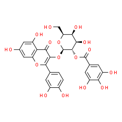 ChemSpider 2D Image | 2-(3,4-Dihydroxyphenyl)-5,7-dihydroxy-4-oxo-4H-chromen-3-yl 2-O-(3,4,5-trihydroxybenzoyl)-beta-L-galactopyranoside | C28H24O16