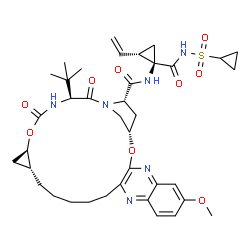 ChemSpider 2D Image | (1S,18R,20R,24S,27S)-N-{(1R,2S)-1-[(Cyclopropylsulfonyl)carbamoyl]-2-vinylcyclopropyl}-7-methoxy-24-(2-methyl-2-propanyl)-22,25-dioxo-2,21-dioxa-4,11,23,26-tetraazapentacyclo[24.2.1.0~3,12~.0~5,10~.0~
18,20~]nonacosa-3(12),4,6,8,10-pentaene-27-carboxamide | C38H50N6O9S