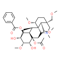 ChemSpider 2D Image | (1alpha,5alpha,11beta,15beta,16beta)-8-Acetoxy-13,15-dihydroxy-1,6,16-trimethoxy-4-(methoxymethyl)-20-methylaconitan-14-yl benzoate | C33H45NO10