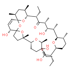 ChemSpider 2D Image | (2S)-2-{(2S,5R,6R)-6-[(2S,3S,4R,6S)-6-{(2S,7R,9R,10R,12S,15R)-2-[(2R,6S)-5-Ethyl-5-hydroxy-6-methyltetrahydro-2H-pyran-2-yl]-15-hydroxy-2,10,12-trimethyl-1,6,8-trioxadispiro[4.1.5.3]pentadec-13-en-9-y
l}-3-hydroxy-4-methyl-5-oxo-2-octanyl]-5-methyltetrahydro-2H-pyran-2-yl}butanoic acid | C42H70O11