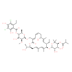 ChemSpider 2D Image | (2R,3S,4S,5S,6R)-6-({(3E,5Z,8R,9E,11S,12R,13E,15E,18S)-12-{[(3S,4R,5S)-3,4-Dihydroxy-5-(isobutyryloxy)-6,6-dimethyltetrahydro-2H-pyran-2-yl]oxy}-11-ethyl-8-hydroxy-18-[(1R)-1-hydroxyethyl]-9,13,15-tri
methyl-2-oxooxacyclooctadeca-3,5,9,13,15-pentaen-3-yl}methoxy)-4-hydroxy-5-methoxy-2-methyltetrahydro-2H-pyran-3-yl 3,5-dichloro-2-ethyl-4,6-dihydroxybenzoate (non-preferred name) | C52H74Cl2O18