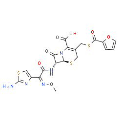 ChemSpider 2D Image | (6S,7R)-7-{[(2Z)-2-(2-Amino-1,3-thiazol-4-yl)-2-(methoxyimino)acetyl]amino}-3-[(2-furoylsulfanyl)methyl]-8-oxo-5-thia-1-azabicyclo[4.2.0]oct-2-ene-2-carboxylic acid | C19H17N5O7S3